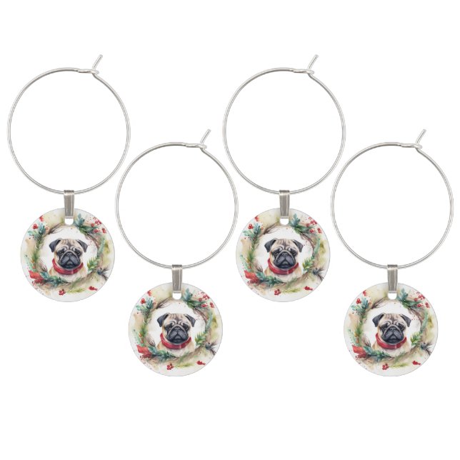 Pug Christmas Wreath Festive Pup  Wine Charm (Staggered)