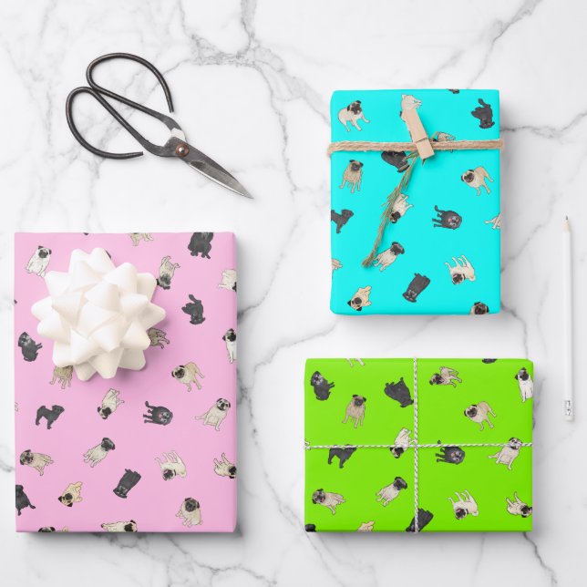 Pug Confetti - bubble gum pink, turquoise, green  Wrapping Paper Sheets (Front)