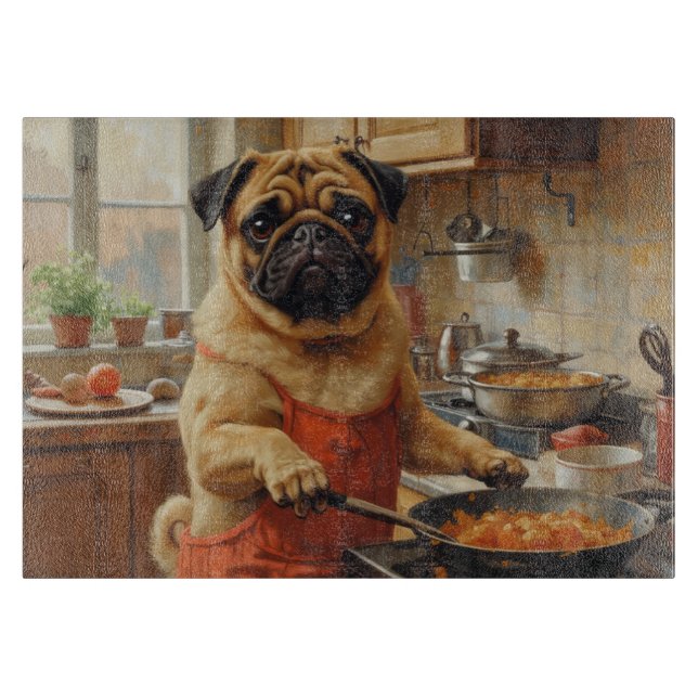 Pug Cooking in Kitchen Cutting Board (Front)
