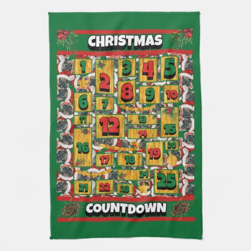 Pug Countdown Christmas Advent Calendar Dog Kitchen Towel