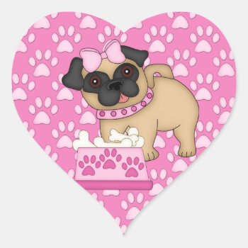 Pug Cuties Pink Stripes And Paws Heart Sticker by Diva_Pets at Zazzle