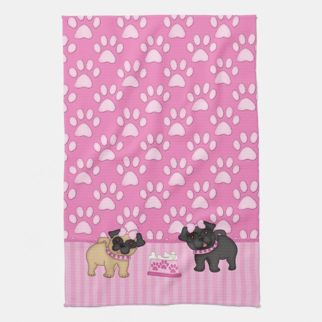 Pug Cuties Pink Stripes and Paws Towel (Vertical)
