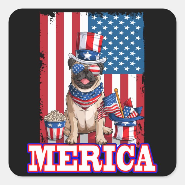 Pug Dad Mom 4th Of July American Flag Merica Square Sticker (Front)