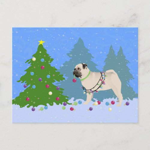 Pug decorating a Christmas Tree in the forest Holiday Postcard