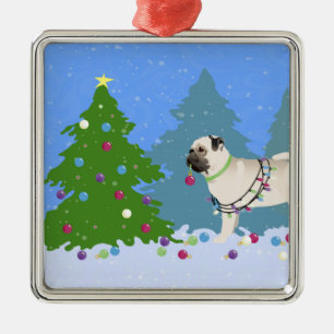 Pug decorating a Christmas Tree in the forest Metal Ornament