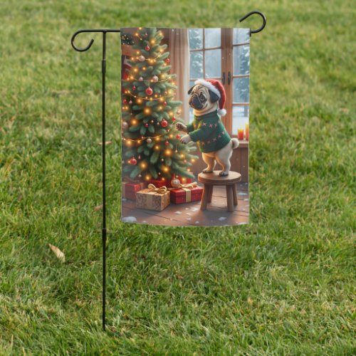 Pug Decorating Christmas Tree Art Garden Flag