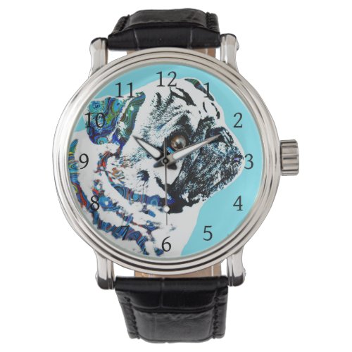 Pug Dog 166 turquoise blue background Watch