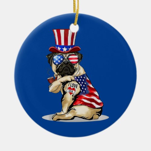 Pug Dog 4Th Of July US Flag Glasses Patriotic Dog Ceramic Ornament