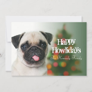 Pug dog against Christmas tree with bokeh Holiday Card