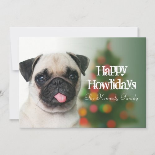 Pug dog against Christmas tree with bokeh Holiday Card