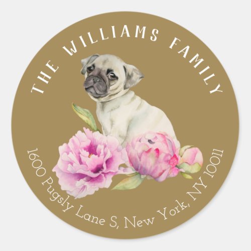 Pug Dog and Peony Flowers  Family Address Label