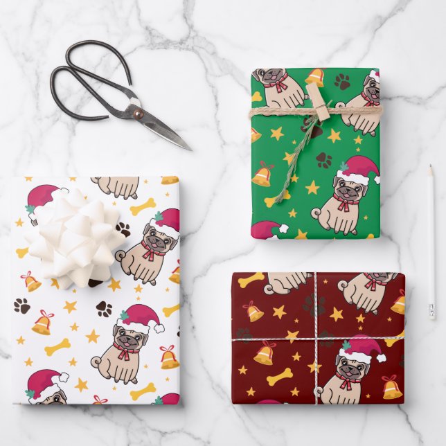 Pug Dog And Santa Hat Christmas Wrapping Paper Sheets (Front)