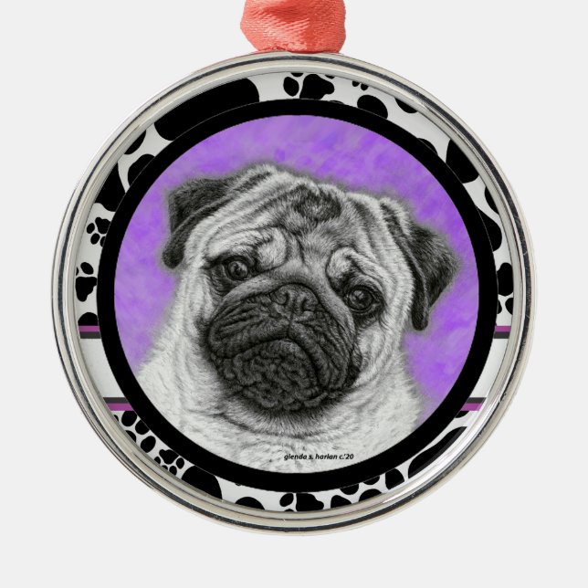 Pug Dog Art Christmas Ornament by Glenda Harlan (Front)
