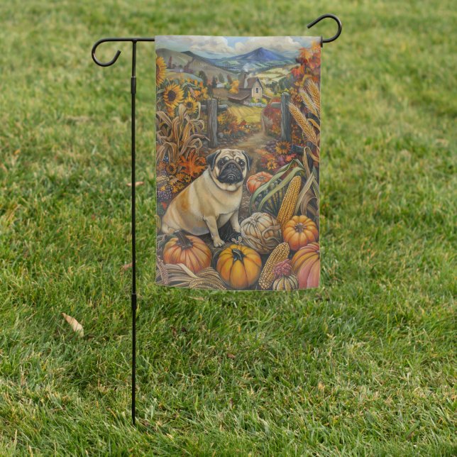 Pug Dog Autumn Harvest Thanksgiving Garden Flag (In SItu)