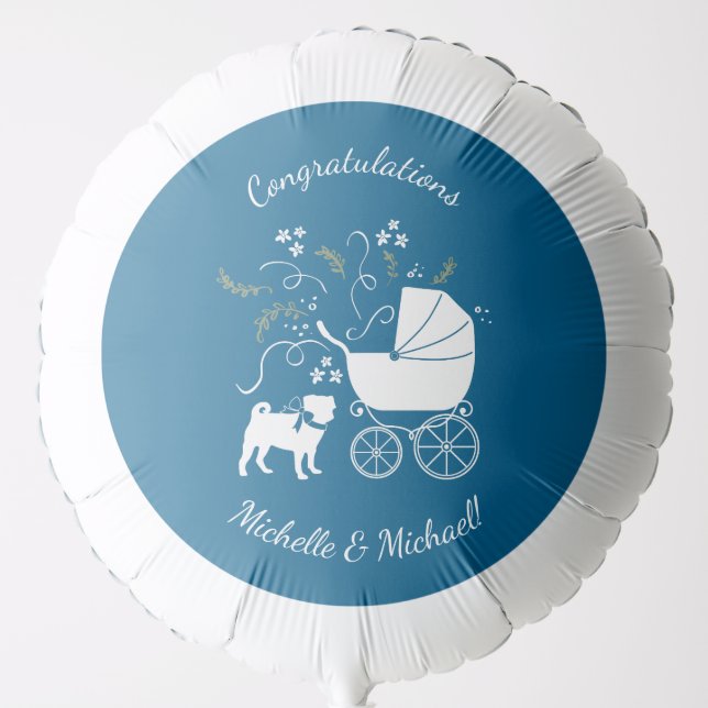 Pug Dog Baby Shower Boy Blue with Bow Balloon (Front)