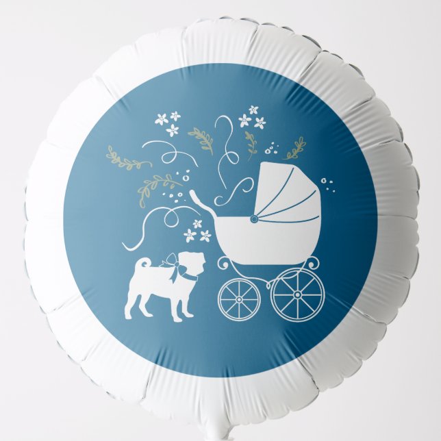 Pug Dog Baby Shower Boy Blue with Bow Balloon (Front)