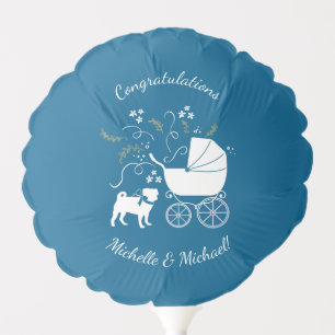 Pug Dog Baby Shower Boy Blue with Bow Balloon