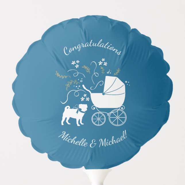 Pug Dog Baby Shower Boy Blue with Bow Balloon (Front)