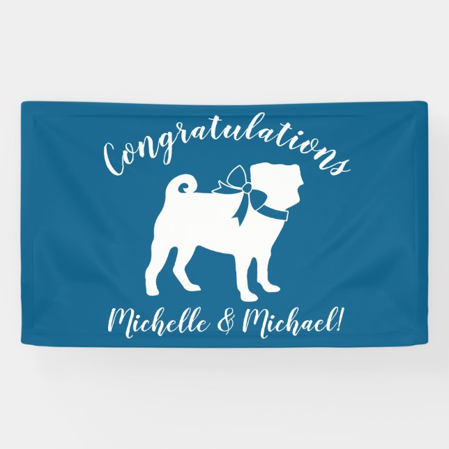 Pug Dog Baby Shower Boy Blue with Bow Banner (Horizontal)