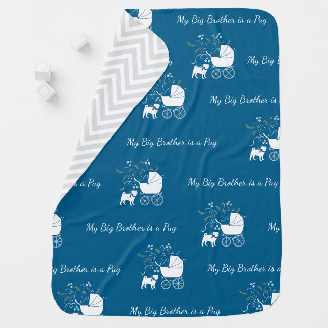 Pug Dog Baby Shower Boy Blue with Bow Blanket (In Situ)