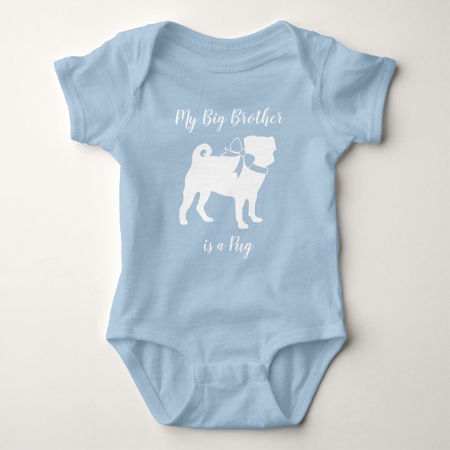 Pug Dog Baby Shower Boy Blue with Bow Bodysuit (Front)