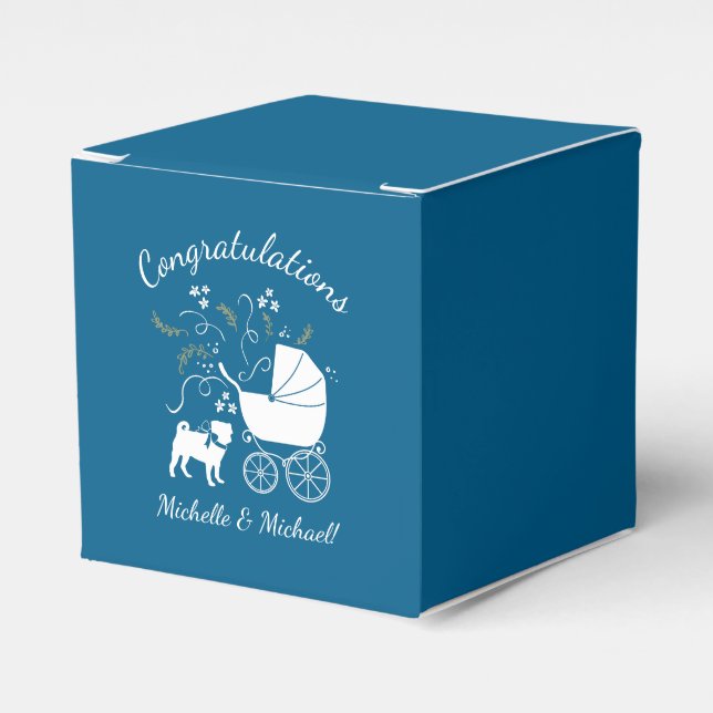 Pug Dog Baby Shower Boy Blue with Bow Favor Boxes (Front Side)