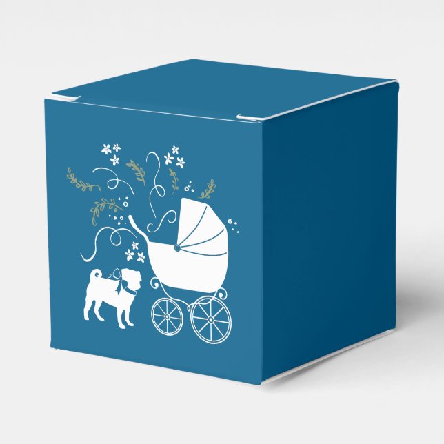 Pug Dog Baby Shower Boy Blue with Bow Favor Boxes (Front Side)
