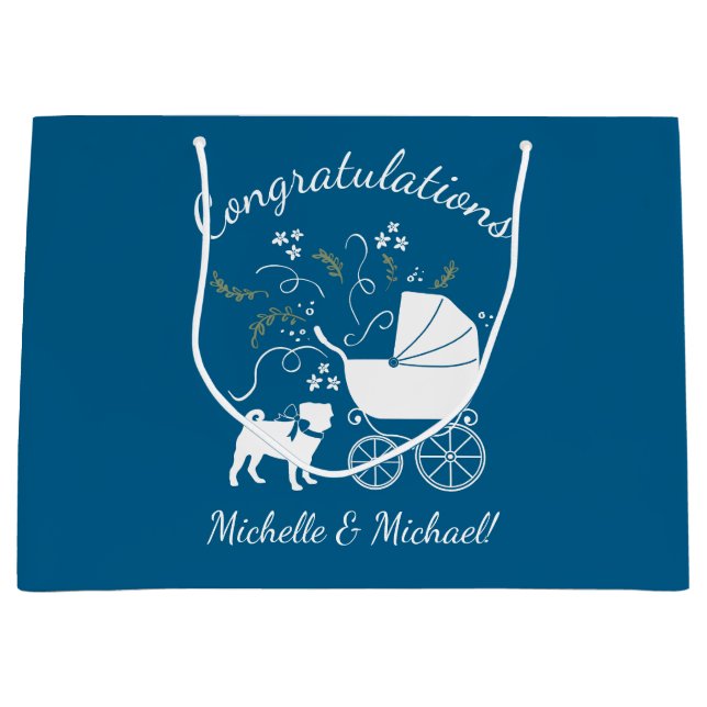 Pug Dog Baby Shower Boy Blue with Bow Large Gift Bag (Front)