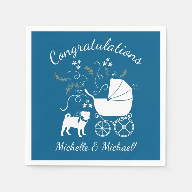 Pug Dog Baby Shower Boy Blue with Bow Napkins (Front)