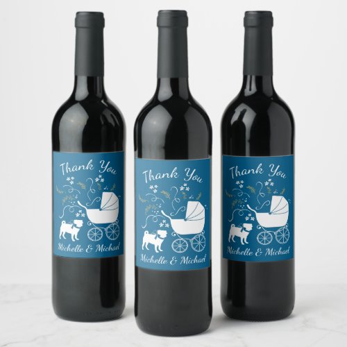 Pug Dog Baby Shower Boy Blue with Bow Wine Label