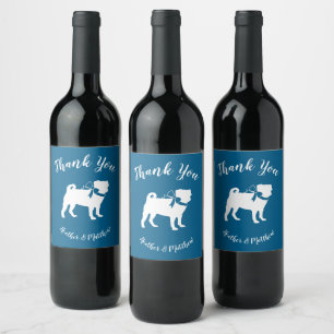 Pug Dog Baby Shower Boy Blue with Bow Wine Label