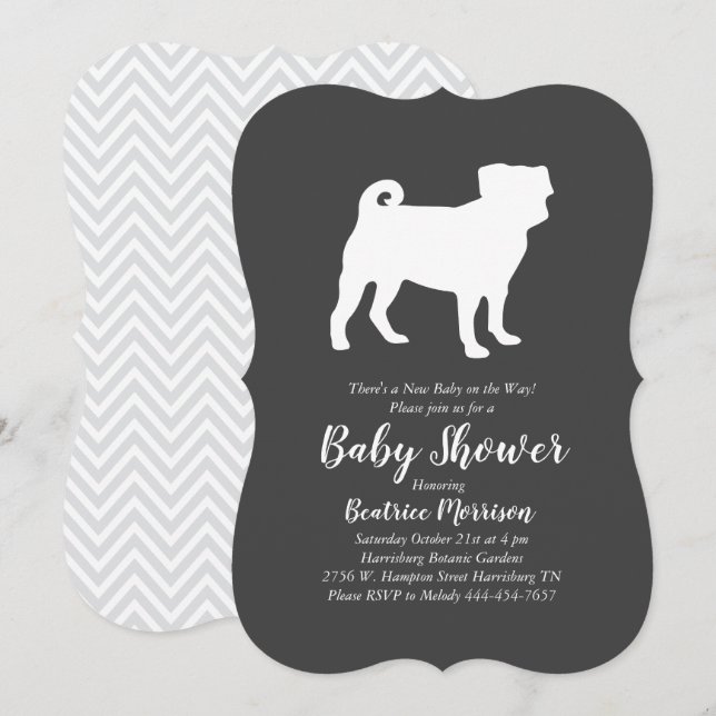 Pug Dog Baby Shower Gender Neutral Grey Invitation (Front/Back)
