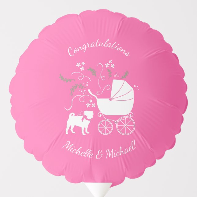 Pug Dog Baby Shower Girl Pink with Bow Balloon (Front)