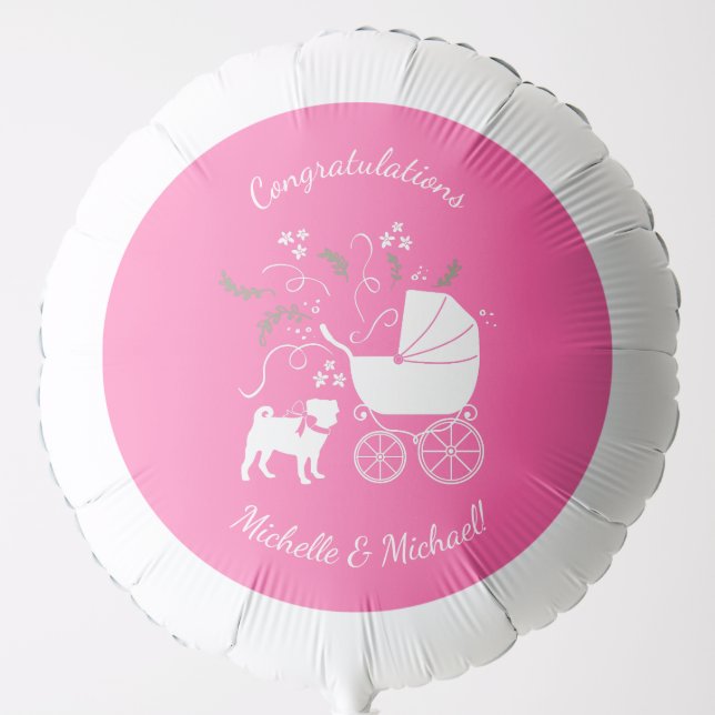 Pug Dog Baby Shower Girl Pink with Bow Balloon (Front)