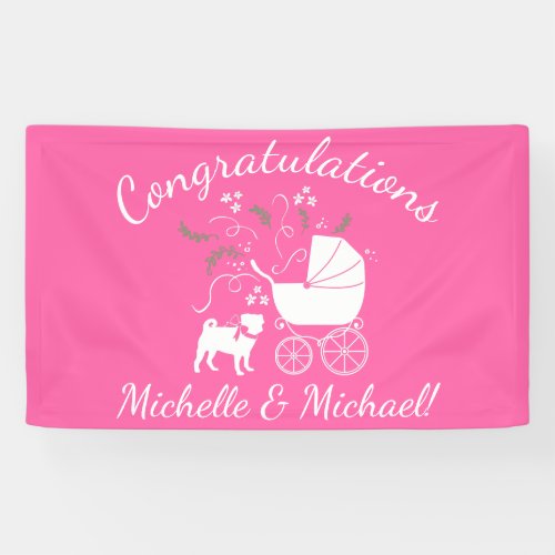 Pug Dog Baby Shower Girl Pink with Bow Banner