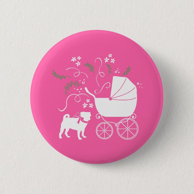Pug Dog Baby Shower Girl Pink with Bow Button (Front)