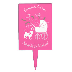 Pug Dog Baby Shower Girl Pink with Bow Cake Topper