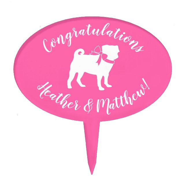 Pug Dog Baby Shower Girl Pink with Bow Cake Topper (Front)