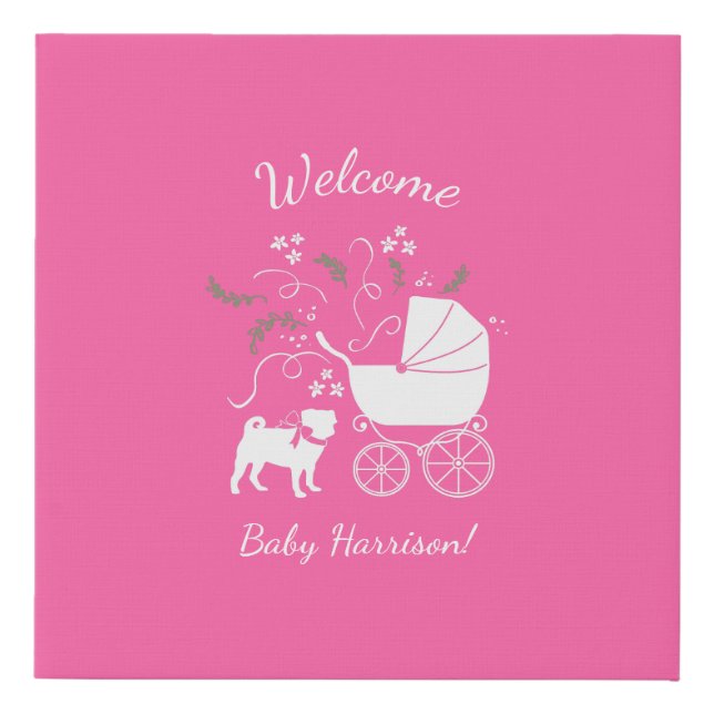 Pug Dog Baby Shower Girl Pink with Bow Faux Canvas Print (Front)