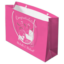Pug Dog Baby Shower Girl Pink with Bow Large Gift Bag