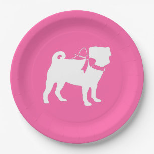 Pug Dog Baby Shower Girl Pink with Bow Paper Plates