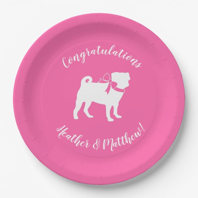 Pug Dog Baby Shower Girl Pink with Bow Paper Plates (Front)