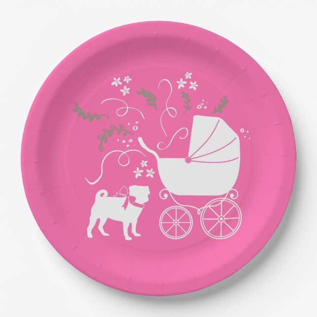 Pug Dog Baby Shower Girl Pink with Bow Paper Plates (Front)