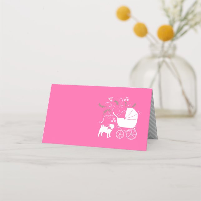 Pug Dog Baby Shower Girl Pink with Bow Place Card (Front)
