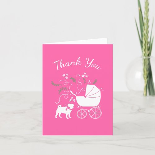 Pug Dog Baby Shower Girl Pink with Bow Thank You Card
