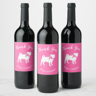Pug Dog Baby Shower Girl Pink with Bow Wine Label