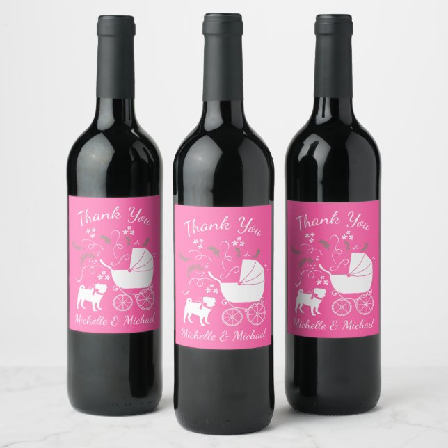 Pug Dog Baby Shower Girl Pink with Bow Wine Label (Bottles)