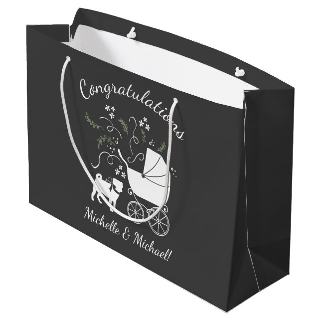 Pug Dog Baby Shower Grey Puppy Gender Neutral Large Gift Bag (Back Angled)