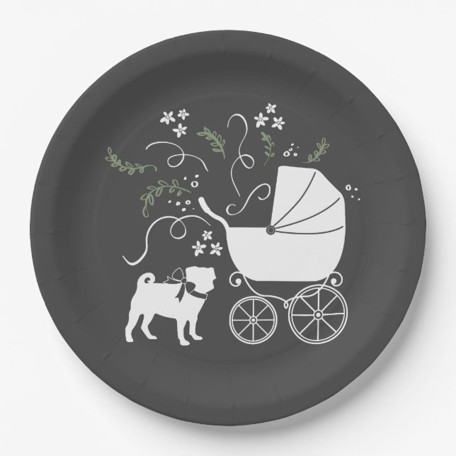 Pug Dog Baby Shower Grey Puppy Gender Neutral Paper Plates (Front)