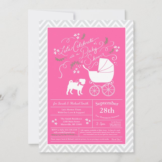 Pug Dog Baby Shower Puppy Pink Girl Invitation (Front)